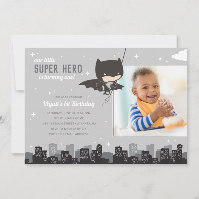 Batman Toppen Hero First Birthday - Photo Inbjudningar (Framsida)