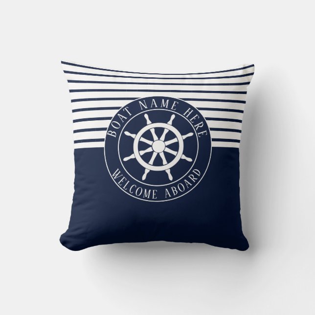 Båtnamn Navy Blue Marin Fartyg Ratt Jakt Kudde (Framsida)