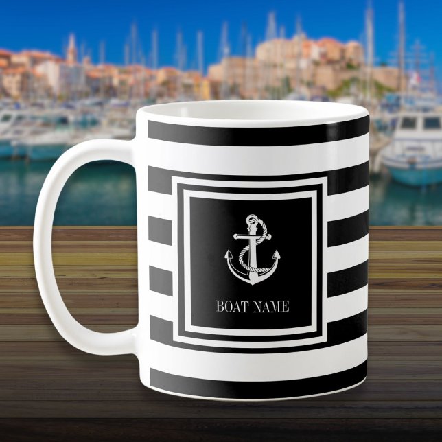 Båtnamn Svart Och Vit Rand Ankar Kaffemugg (Boat Name Black And White Stripe Anchor Coffee Mug)