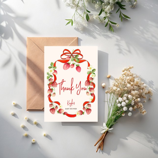 Båtonkoquettebabydusch för jordgubbskon tack kort (Strawberry red bow ribbon coquette baby shower thank you cards berry sweet thank you cards)