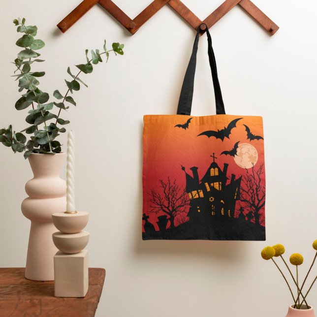 Bats Over Haunted House Tote Bag Tygkasse (Skapare uppladdad)