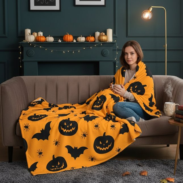 Bats, pumpkin heads and spiders Halloween Plush Fleecefilt (Bats, pumpkin heads and spiders Halloween Plush Fleece Blanket)