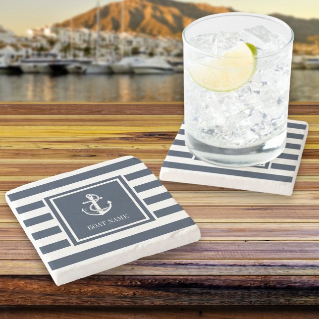 Bått namn nautisk ankare marinblå rand stenunderlägg (Boat Name Nautical Anchor Navy Blue Stripe Stone Coaster)