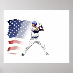 Batter upp! - Baseball Player och USA flagga Poste Poster