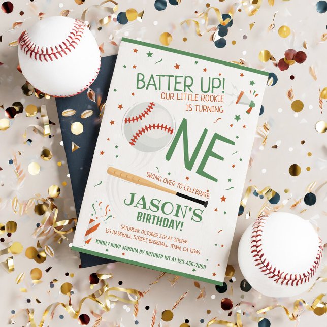 Batter upp Grönt Rookie Baseball 1:a födelsedag Inbjudningar (Skapare uppladdad)