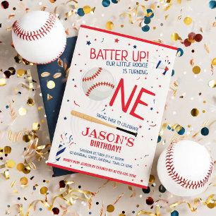 Batteri upp Red Little Rookie Baseball 1:a födelse Inbjudningar