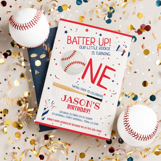Batteri upp Red Little Rookie Baseball 1:a födelse Inbjudningar (Skapare uppladdad)