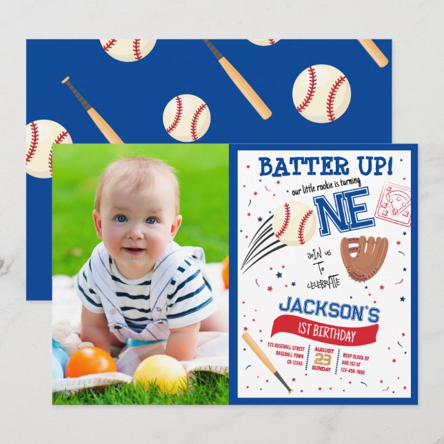 Batteriet är nybörjare Cute Baseball-foto 1:a föde Inbjudningar (Fram/baksida)