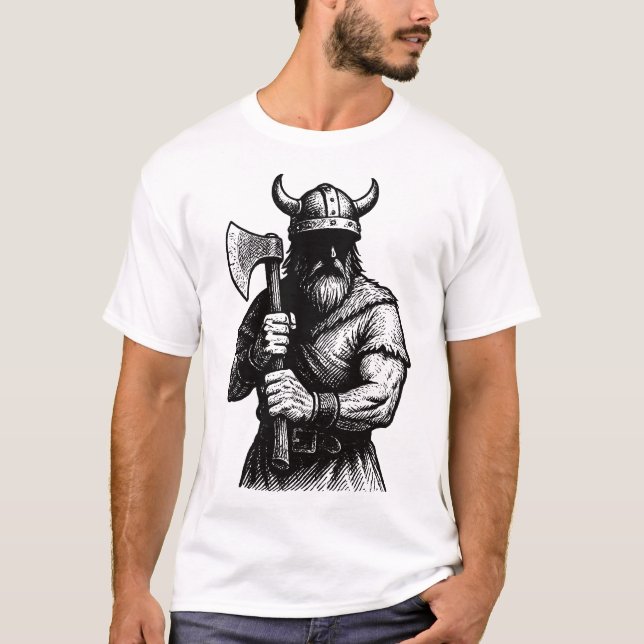 Battle redo Viking med en yxa, tecknad konst T Shirt (Framsida)
