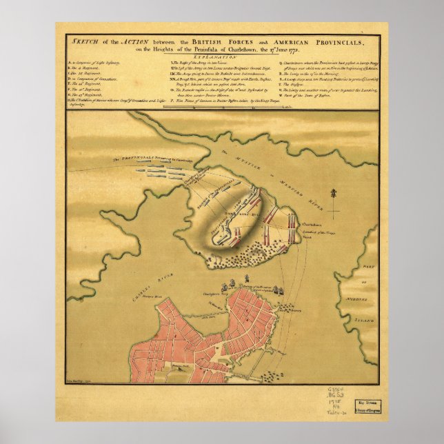 Battleground of Battle of Bunker Backe Karta 1775 Poster (Framsidan)