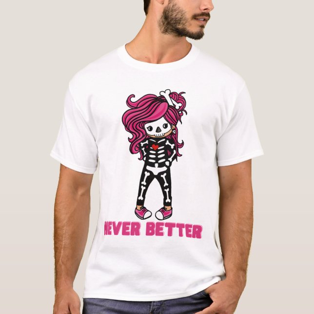 Bättre Skeleton Cute Rosa Hair Kawaii Girl H T Shirt (Framsida)