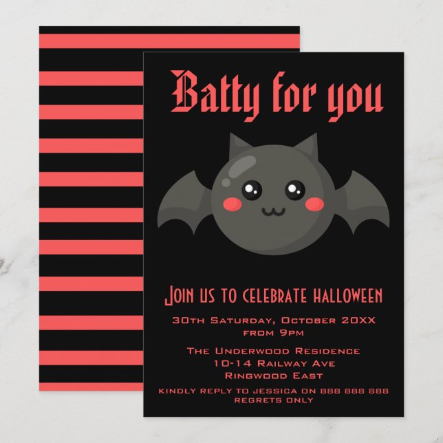 BATTY FÖR DIG HALLOWEEN FEST INBJUDNINGAR (Fram/baksida)
