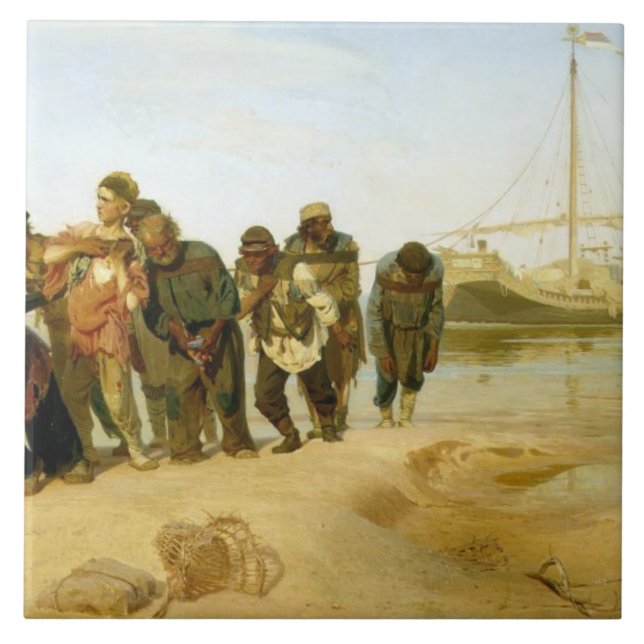 Båtuthyrarna på Volgaen, 1870-73 Kakelplatta (Framsidan)