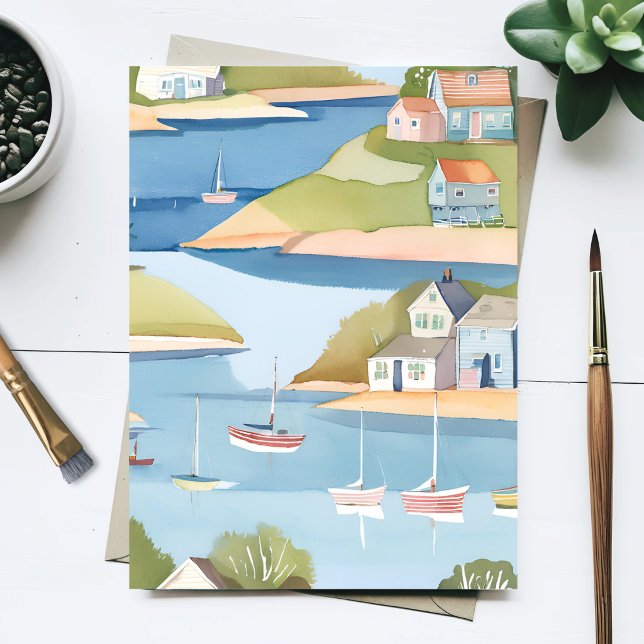 Båtvik | Modern akvarellmålning Vykort (Skapare uppladdad)