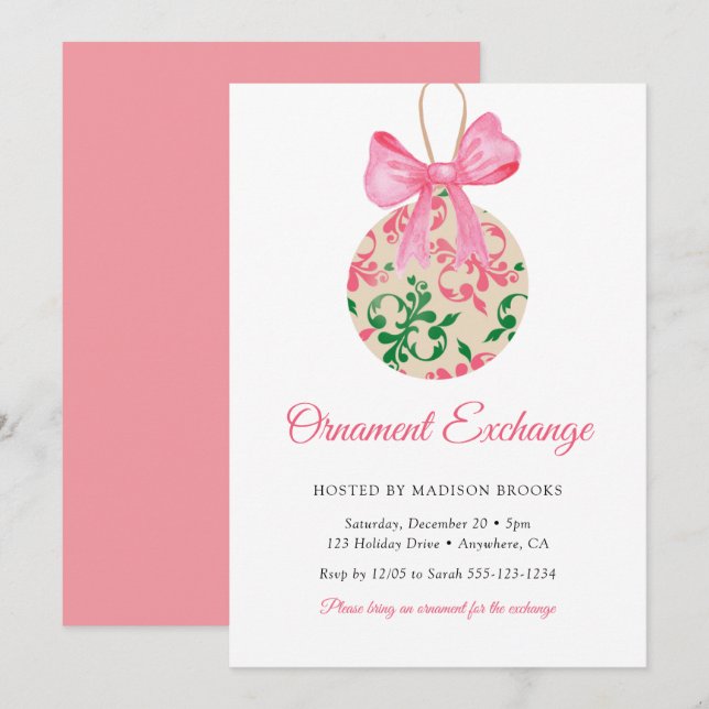 Bauble Pink Bow Ornament Exchange Christmas Party Inbjudningar (Fram/baksida)