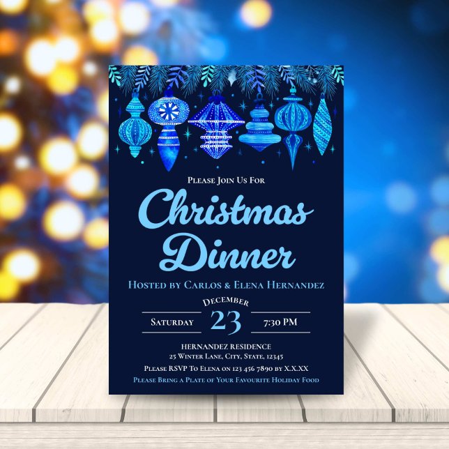 Baubles jul Middag Watercolor Navy Blue Inbjudningar (Baubles Christmas Dinner Watercolor Navy Blue Invitation)
