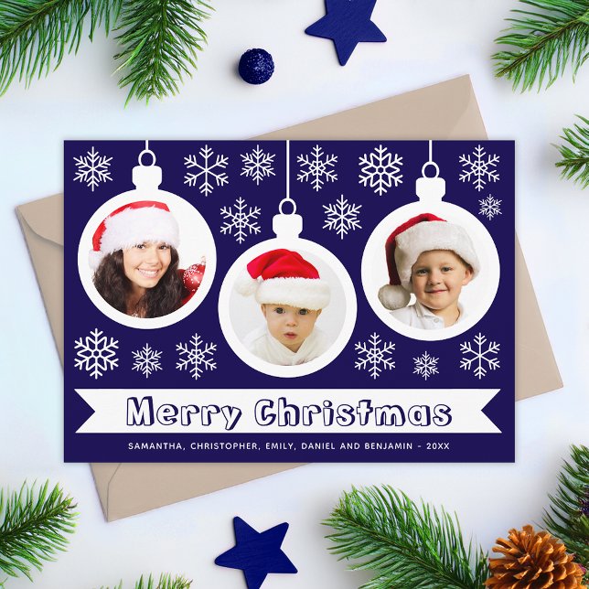 Baubles Photo Collage Merry Christmas Blue & White Julkort (Skapare uppladdad)