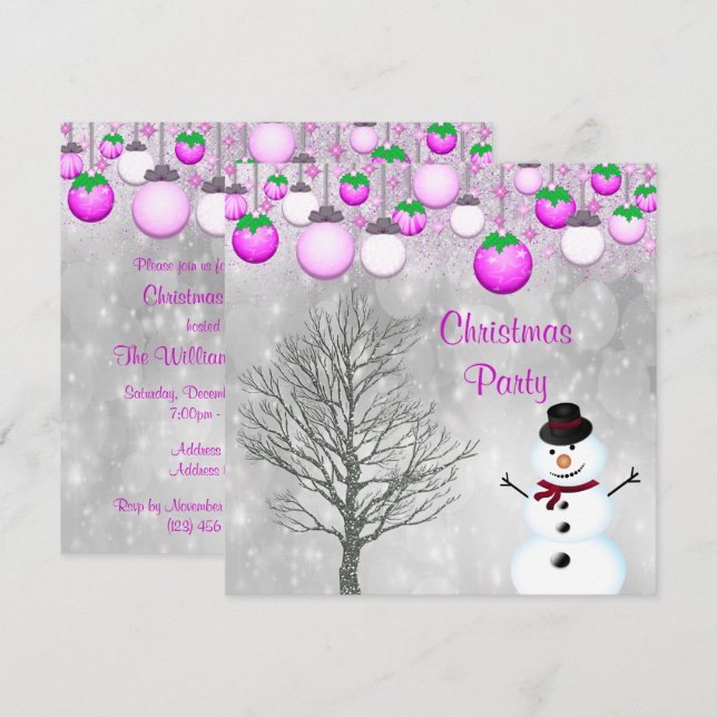 Baubles, Winter Träd & Snögubbe jul Party Inbjudningar (Fram/baksida)
