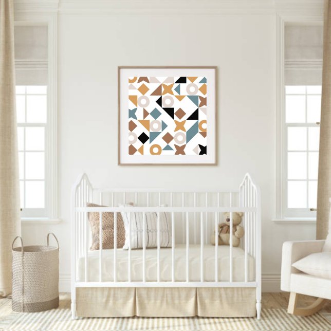 Bauhaus Geometric Nursery Wall Art  Poster (Modern Bauhaus wall art styled in a neutral nursery for a warm, gender-neutral décor look.)