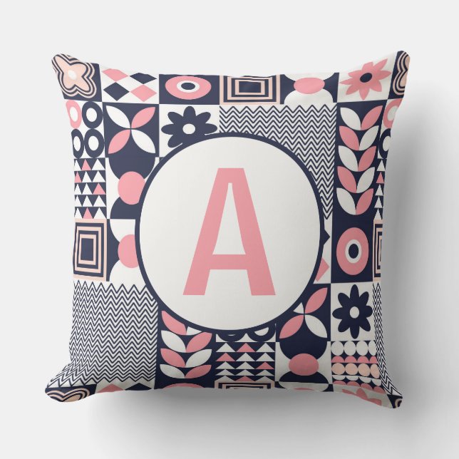 Bauhaus Retro Blommigt Geometric Namn Alphabet Kudde (Framsida)