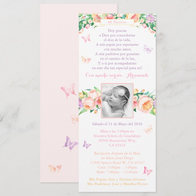 Bautismo Baptism 1:a födelsedag Party Butterflies Inbjudningar (Fram/baksida)