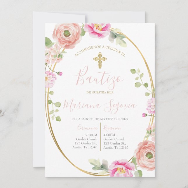 : Bautismo blommigt rosa en español Inbjudningar (Framsida)