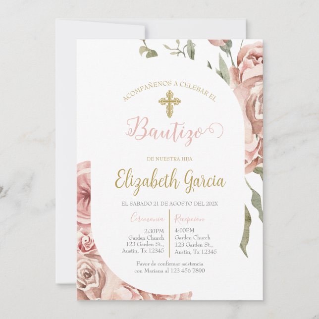 : Bautismo blommigt rosa en español Inbjudningar (Framsida)