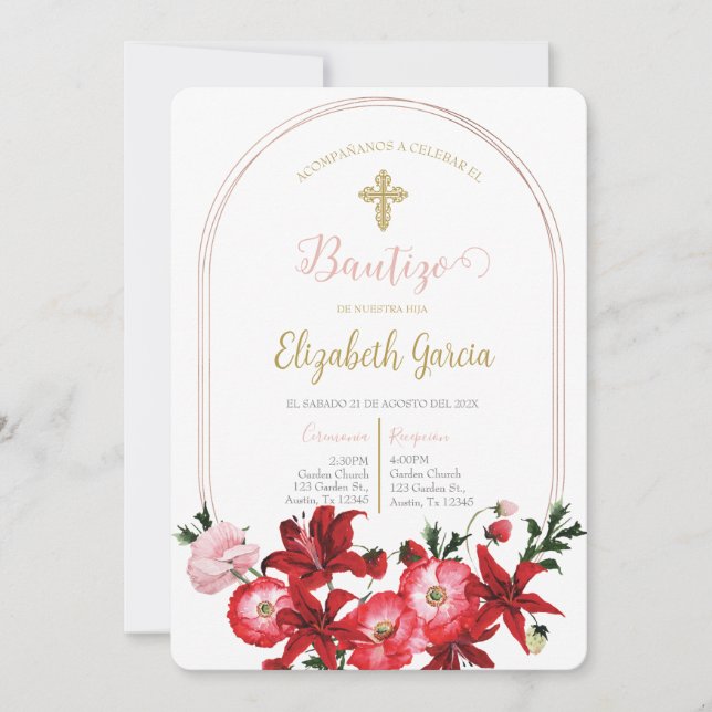 "Bautismo con flor roja para bautismo" Inbjudningar (Framsida)