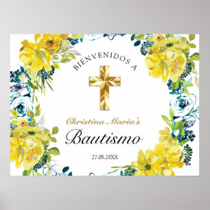 Bautismo de Niña Bonita Cruz Blommigt Amarillo Poster