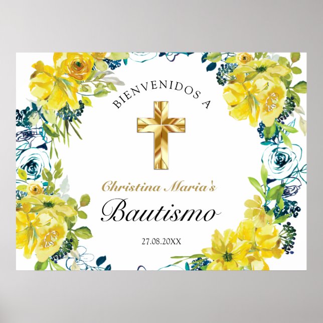 Bautismo de Niña Bonita Cruz Blommigt Amarillo Poster (Framsidan)
