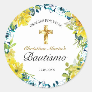 Bautismo de Niña Bonita Cruz Blommigt Amarillo Runt Klistermärke