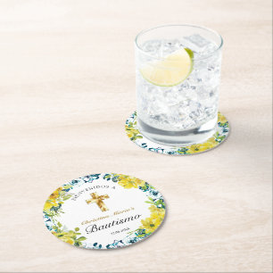 Bautismo de Niña Bonita Cruz Blommigt Amarillo Underlägg Papper Rund