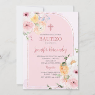 Bautismo färg rosa con flores inbjudningar