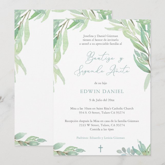Bautizo 2 do Año, Boy Baptism 2:a födelsedagen spa Inbjudningar (Fram/baksida)