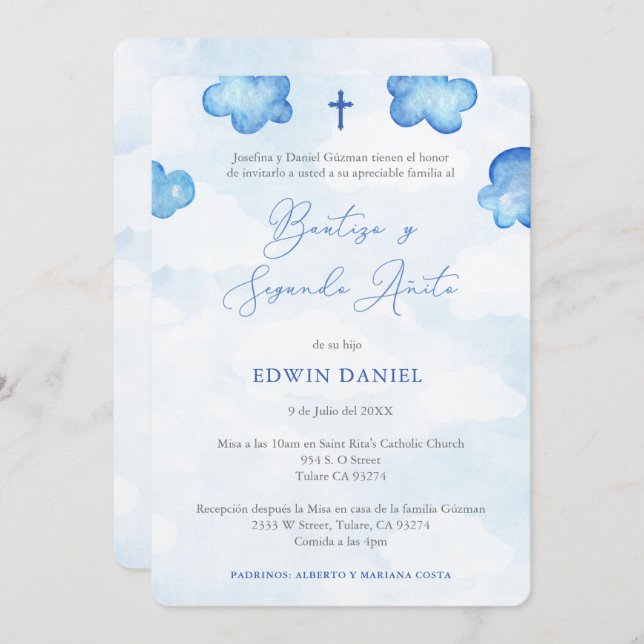 Bautizo 2ndo Añito, Baptism 2:a födelsedagen Party Inbjudningar (Fram/baksida)