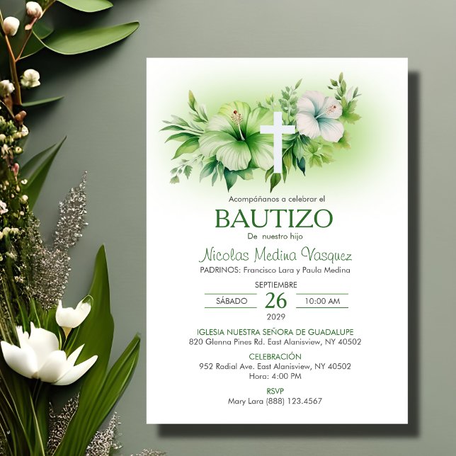 Bautizo Baptism Elegant White Flowers Baptism Inbjudningar (Skapare uppladdad)