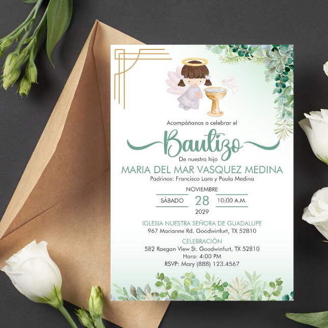 Bautizo Baptism Grönt Flowers katolsk Baptism Inbjudningar (Skapare uppladdad)