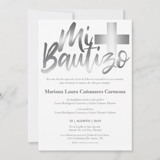 Bautizo Baptism Spanska språket Faux SILVER Inbjudningar (Framsida)