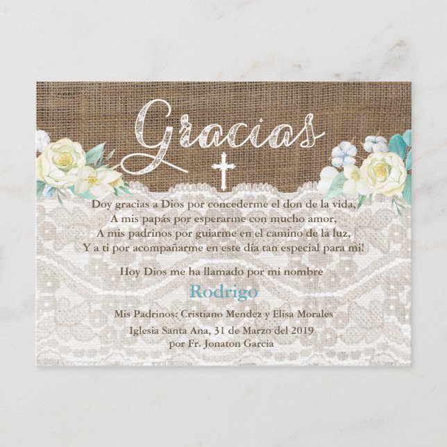 Bautizo Baptism Tack på spanska for Boy Inbjudan Vykort (Framsida)