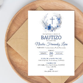 Bautizo bjudacion Cute Kor Blåa blommor Baptism Inbjudningar