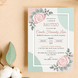 Bautizo bjudacion Cute Rosa ros Flowers Baptism Inbjudningar