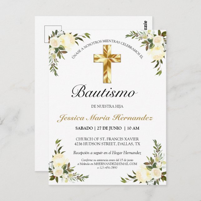 Bautizo blommigt elegante del marfil del bebe vykort (Fram/baksida)