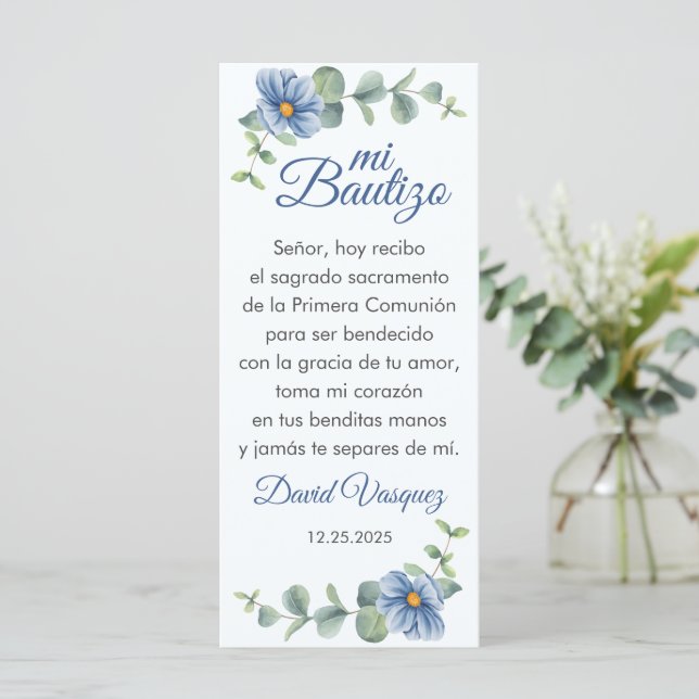 Bautizo Bookmark Favor Grönt Löv Blåa blommor (Stående Fram)