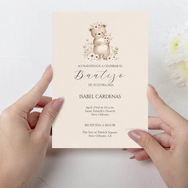 Bautizo De Niña Cute Bear på spanska Watercolor Inbjudningar (Bautizo De Niña Cute Bear In Spanish Watercolor Invitation)