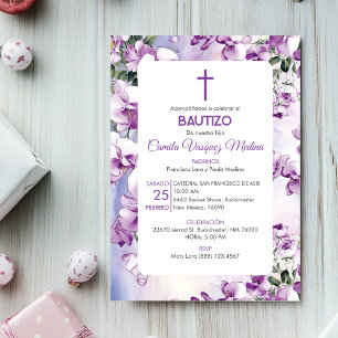 Bautizo Invación Baptism Cute Lila blommor Inbjudningar