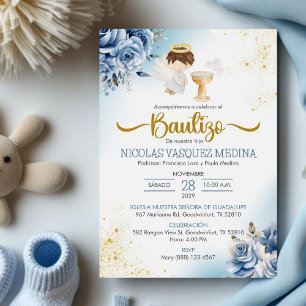 Bautizo Invacion Blåa blommor BOY Angel Baptism Inbjudningar