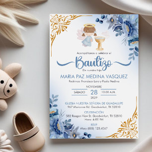 Bautizo Invacion Blåa blommor Girl Angel Baptism Inbjudningar