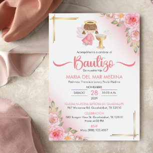 Bautizo Invacion Cute Flowers Girl Angel Baptism Inbjudningar