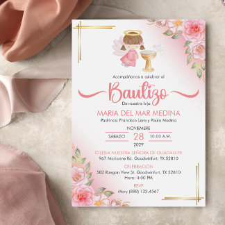 Bautizo Invacion Cute Flowers Girl Angel Baptism Inbjudningar