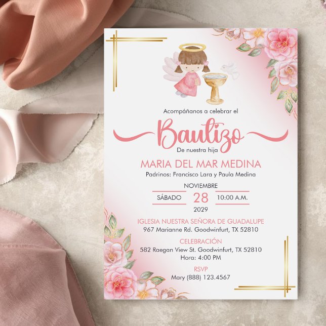 Bautizo Invacion Cute Flowers Girl Angel Baptism Inbjudningar (Skapare uppladdad)